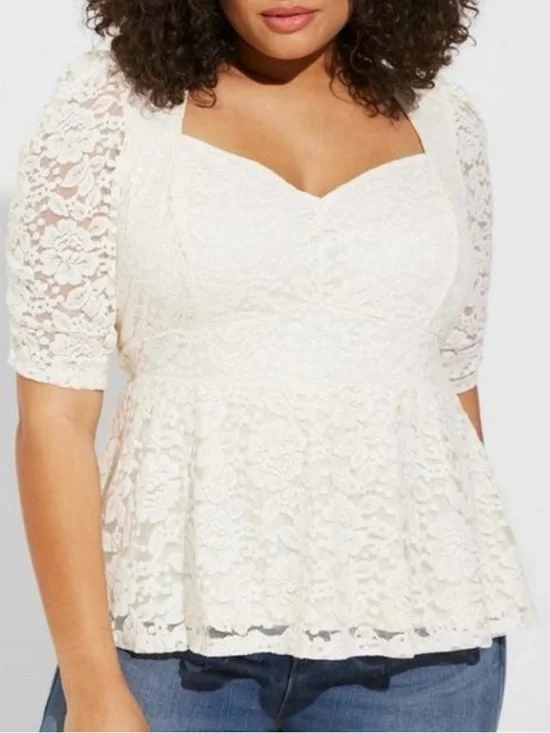 Torrid Ivory Stretch Lace Cinched Elbow Sleeve Peplum Top Womens 1X (14-16) NWT - Picture 1 of 7